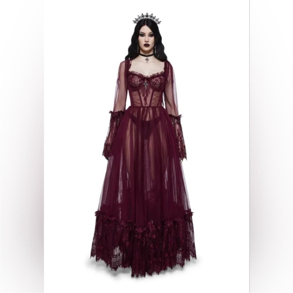 Dolls Kill Burgundy Sheer Lace Maxi Dress